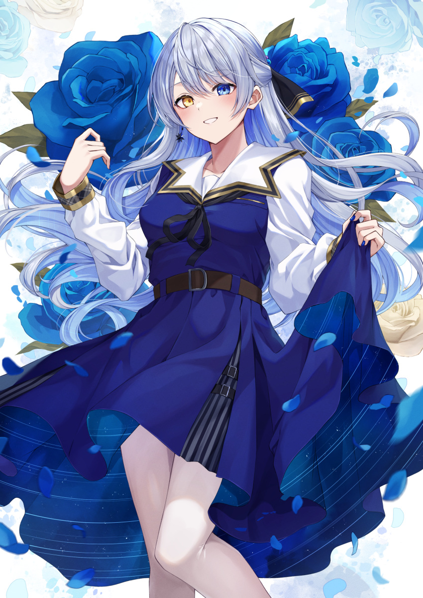 1girl absurdres belt black_bow black_ribbon blue_dress blue_eyes blue_flower blue_rose blush bow brown_belt dress floating_hair flower grin hair_bow heterochromia highres kurousagi_yuu long_hair long_sleeves looking_at_viewer original pantyhose petals ribbon rose sailor_collar sailor_dress short_dress silver_hair skirt_hold smile solo standing very_long_hair white_legwear white_sailor_collar white_sleeves yellow_eyes