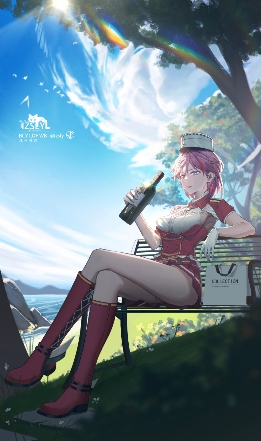 1girl absurdres armpit_cutout armpits bag belt_boots bench bird blue_sky boots bottle breasts clothing_cutout clouds cross-laced_footwear crossed_legs epaulettes flower full_body giuseppe_garibaldi_(kancolle) gloves grass hat highres izsly kantai_collection knee_boots lace-up_boots medium_breasts mini_hat multicolored_hair neck_ribbon one-hour_drawing_challenge open_mouth parted_lips pink_eyes pink_hair red_footwear red_shirt red_skirt ribbon rock shading shadow shako_cap shine shirt shopping_bag short_hair sitting skirt sky smile solo sun sun_flare sun_glare sunlight tree upper_body upper_teeth water white_gloves white_headwear white_shirt wine_bottle yellow_flower