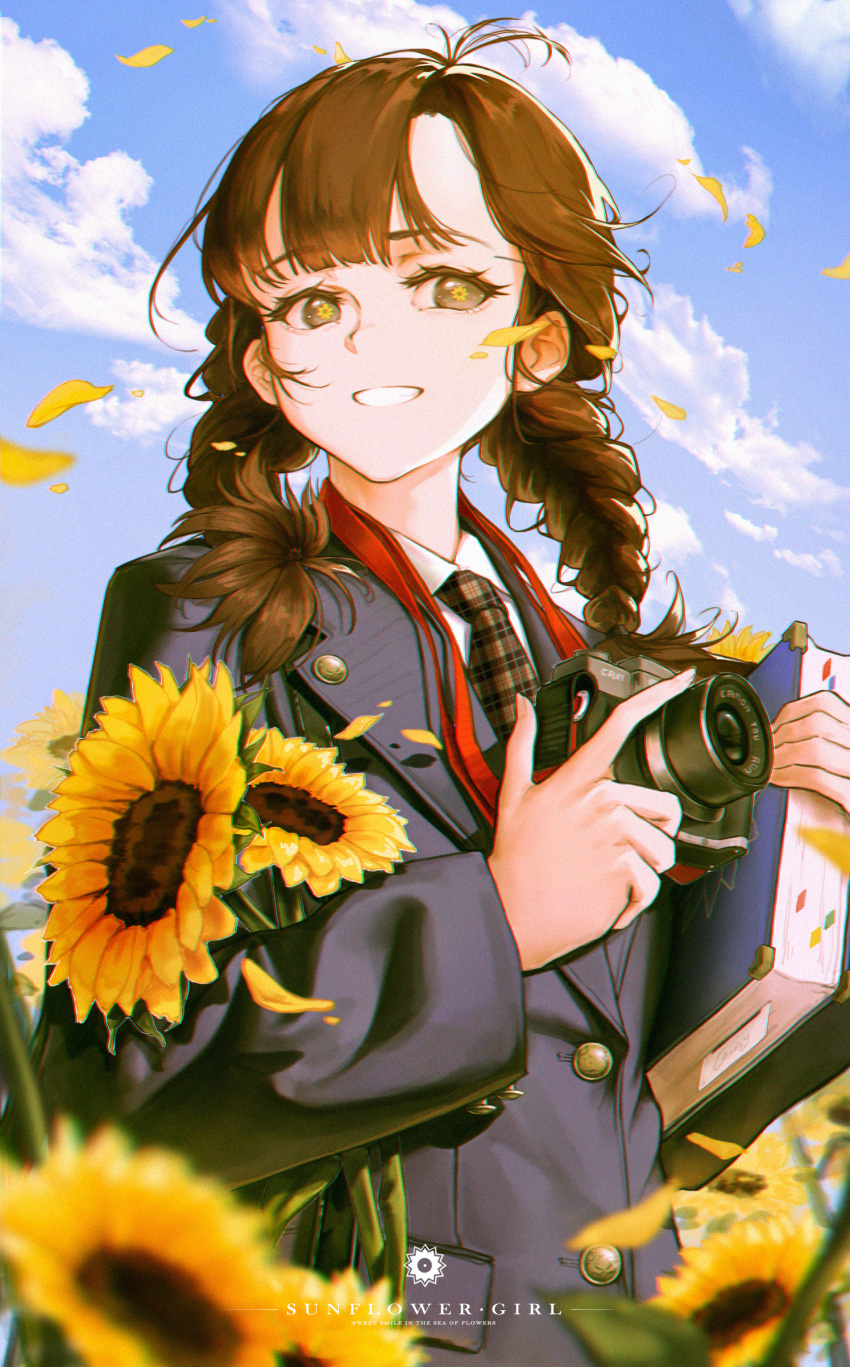 1girl absurdres bangs black_jacket blue_sky book brown_eyes brown_hair brown_neckwear camera camera_around_neck chinese_commentary clouds collared_shirt commentary_request day english_commentary english_text field flower flower-shaped_pupils flower_field grin hands_up highres holding holding_book holding_camera jacket l_ract long_hair long_sleeves looking_at_viewer mixed-language_commentary original outdoors petals plaid_neckwear shirt sky smile solo sunflower twintails upper_body white_shirt yellow_flower