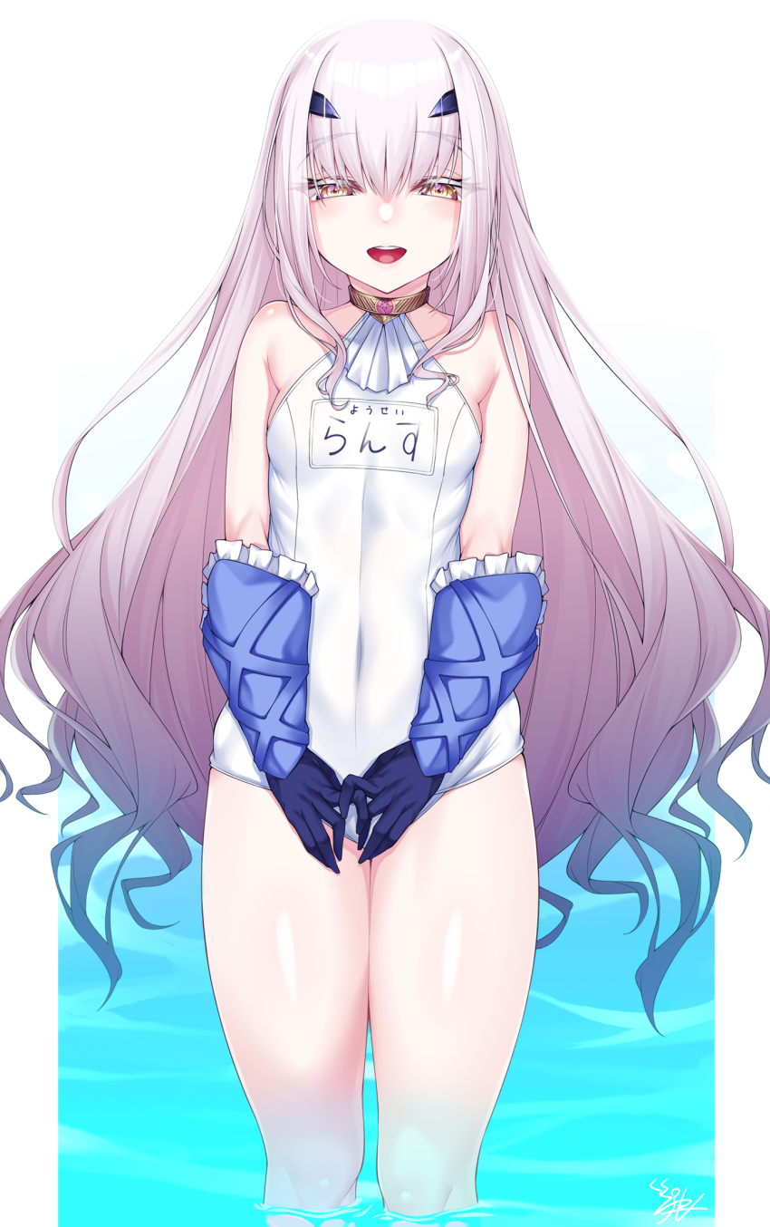 1girl bangs bare_shoulders blue_gloves blush breasts brown_eyes collarbone covered_navel fairy_knight_lancelot_(fate) fate/grand_order fate_(series) gloves highres long_hair looking_at_viewer name_tag one-piece_swimsuit open_mouth sidelocks small_breasts smile solo swimsuit thighs wading water watosu white_hair white_swimsuit