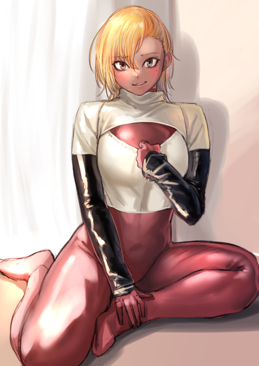 1girl blonde_hair blush bodysuit brown_eyes cleavage_cutout clothing_cutout hand_on_own_chest highres kilye_kairi latex latex_bodysuit looking_at_viewer medium_hair meme_attire mole mole_under_eye open-chest_sweater original pink_bodysuit skin_tight smile solo sweater