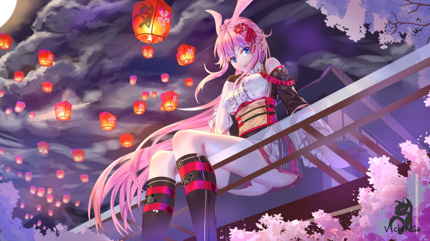 1girl :d alternate_eye_color animal_ears ass bangs bare_shoulders black_footwear black_gloves blue_eyes boots building cherry_blossoms clouds cloudy_sky fox_ears gloves hair_between_eyes hair_ornament hand_on_own_chest highres honkai_(series) honkai_impact_3rd japanese_clothes kimono lantern long_hair long_sleeves looking_at_viewer moon night night_sky open_mouth pink_hair sitting sky smile solo teeth tree vichersu yae_sakura