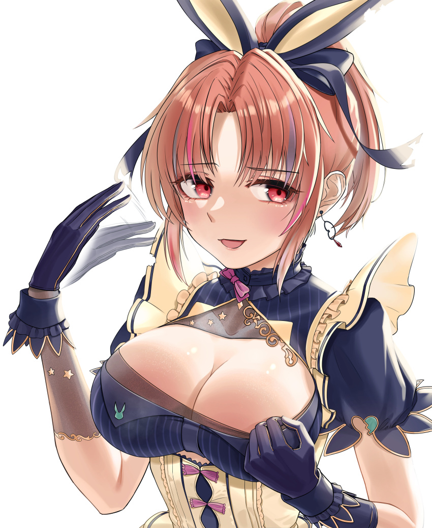 1girl abe_nana absurdres adjusting_clothes afterimage animal_ears black_gloves blue_hair breasts gloves hair_ribbon hear_(kpmf4732) highres idolmaster idolmaster_cinderella_girls idolmaster_cinderella_girls_starlight_stage large_breasts light_smile long_hair looking_away motion_lines orange_hair parted_lips ponytail purple_hair rabbit_ears red_eyes ribbon simple_background solo upper_body white_background