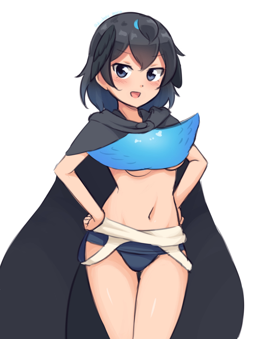 1girl :d absurdres adapted_costume bangs black_cape black_hair blue_eyes blue_swimsuit breasts cape clothes_pull commentary cowboy_shot greater_lophorina_(kemono_friends) groin hands_on_hips head_wings highres kemono_friends looking_at_viewer medium_breasts navel one-piece_swimsuit open_mouth school_swimsuit shiraha_maru short_hair simple_background smile solo swimsuit swimsuit_pull thigh_gap under_boob white_background