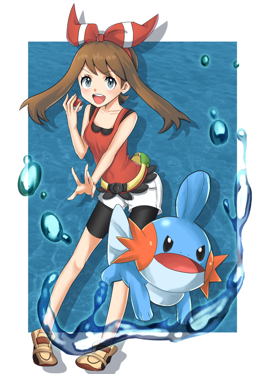 1girl bangs bare_shoulders bike_shorts brown_hair collarbone eyebrows_visible_through_hair fanny_pack full_body gen_3_pokemon grey_eyes hair_ribbon highres holding holding_poke_ball looking_at_viewer may_(pokemon) mudkip open_mouth poke_ball pokemon pokemon_(game) pokemon_oras red_shirt ribbon shirt shoes sleeveless upper_teeth water yuuki510510