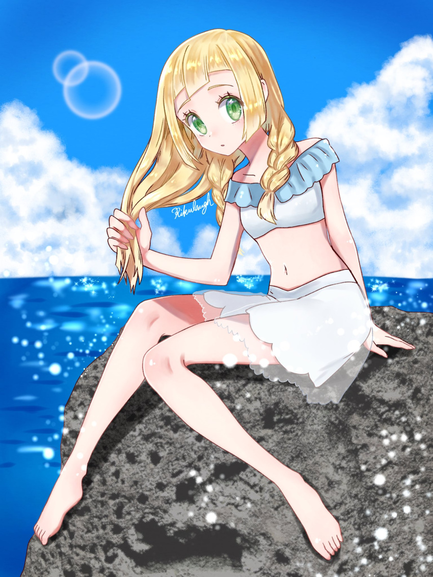 1girl :o bikini bikini_skirt blonde_hair blue_sky braid clouds drying drying_hair full_body green_eyes highres lillie_(pokemon) long_hair looking_at_viewer navel ocean pokemon pokemon_(game) pokemon_sm rikurou signature sitting sitting_on_rock sky solo swimsuit twin_braids water water_drop wet wet_hair white_bikini