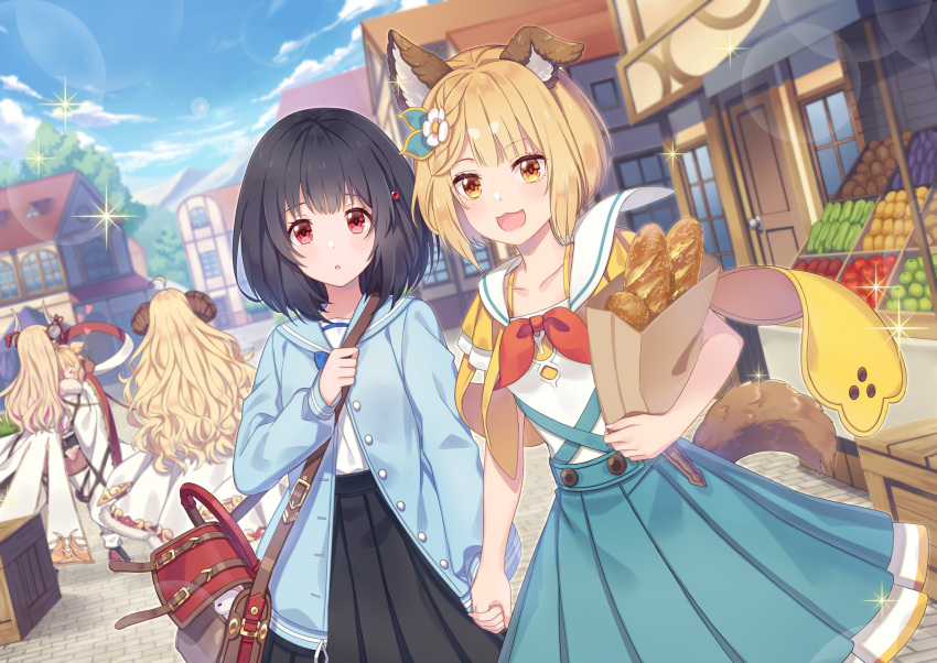 &gt;_&lt; 5girls ahoge andira_(granblue_fantasy) anila_(granblue_fantasy) animal_ears bag bangs beads black_hair black_skirt blonde_hair blue_jacket bow braid bread breasts clouds collarbone commentary dog_ears dog_tail door door_handle draph erune flat_chest flower food food_stand fur_trim granblue_fantasy green_skirt hair_beads hair_flower hair_ornament heart highres holding holding_bag holding_hands horns hug jacket jiman kuvira_(granblue_fantasy) lens_flare loaf_of_bread long_hair looking_at_viewer medium_hair mountain mouse multiple_girls open_mouth outdoors paper_bag pleated_skirt red_bow red_neckwear satchel sheep_horns shirt short_hair single_braid skirt sky small_breasts sparkle sweatdrop tail thigh-highs tree vajra_(granblue_fantasy) vikala_(granblue_fantasy) white_shirt wide_sleeves wooden_box