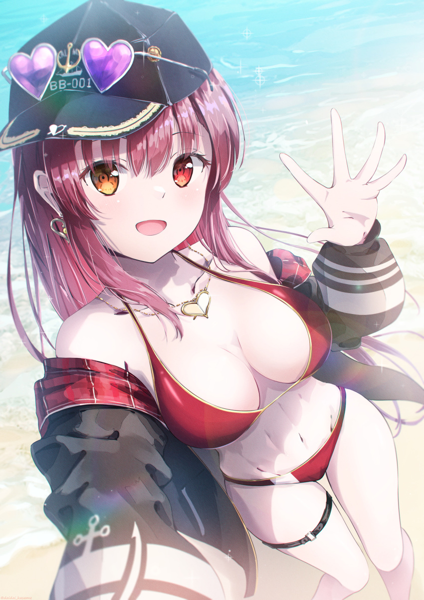 1girl absurdres beach bikini blush breasts daidai_(daidai826) eyewear_on_head heart heart-shaped_eyewear heterochromia highres hololive houshou_marine ocean solo summer sunglasses swimsuit thighs virtual_youtuber