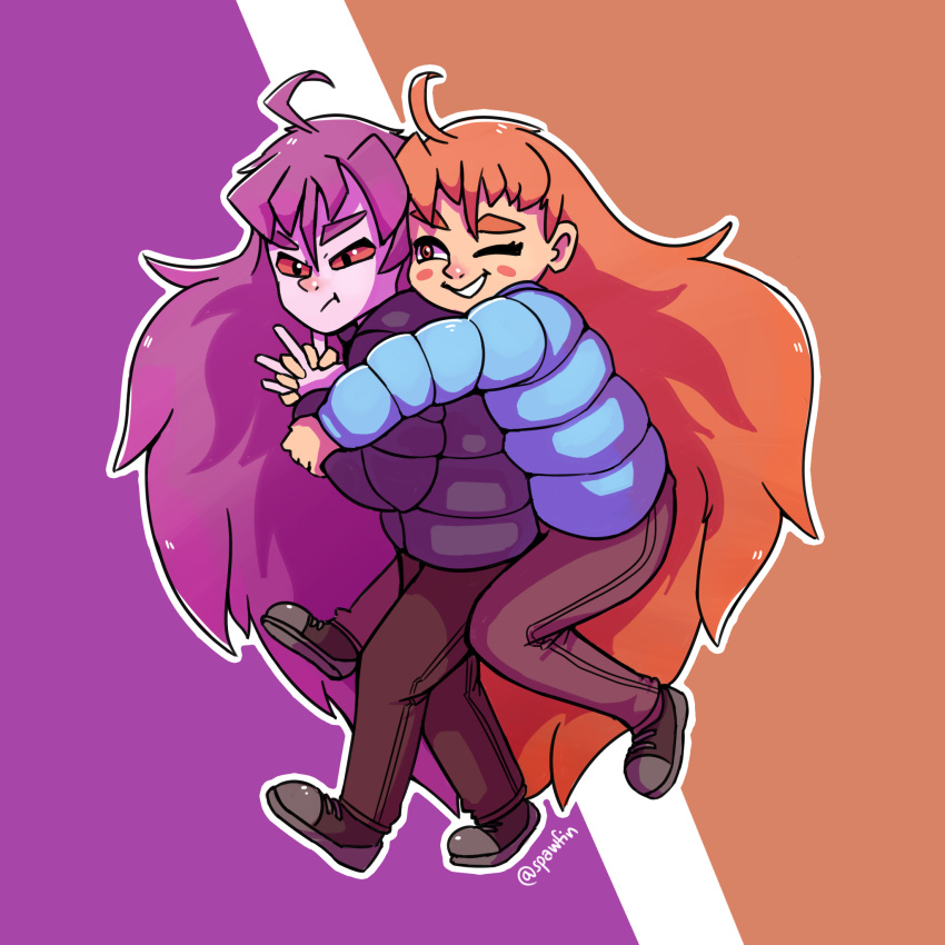 2girls ahoge annoyed badeline blush_stickers celeste_(video_game) colored_sclera english_commentary full_body grin highres hug hug_from_behind long_hair madeline_(celeste) multiple_girls one_eye_closed orange_hair pants puffy_coat purple_hair red_sclera shoes smile spawfin twitter_username very_long_hair