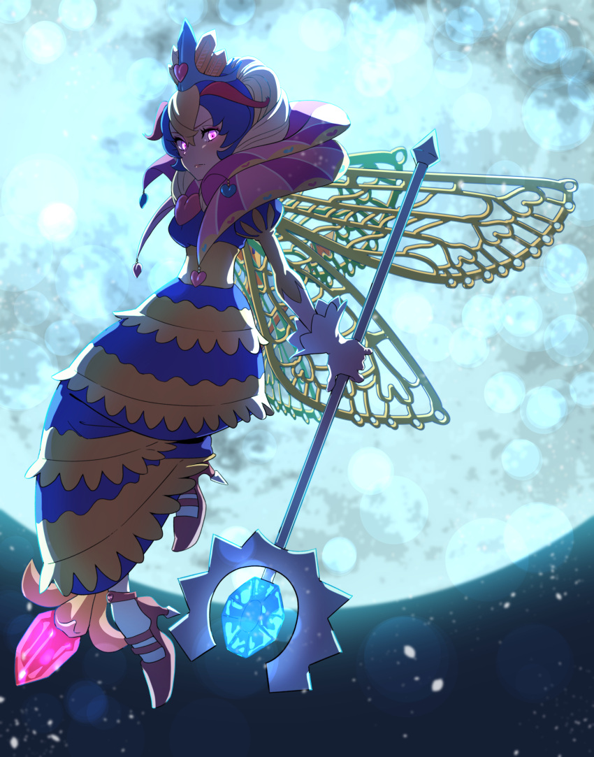 1girl absurdres blonde_hair blue_dress blue_hair commentary_request crown dress gem gloves heart high_heels highres kawayabug kirby_(series) layered_dress looking_at_viewer moon multicolored_hair personification pink_eyes queen_sectonia solo staff streaked_hair wings yellow_dress