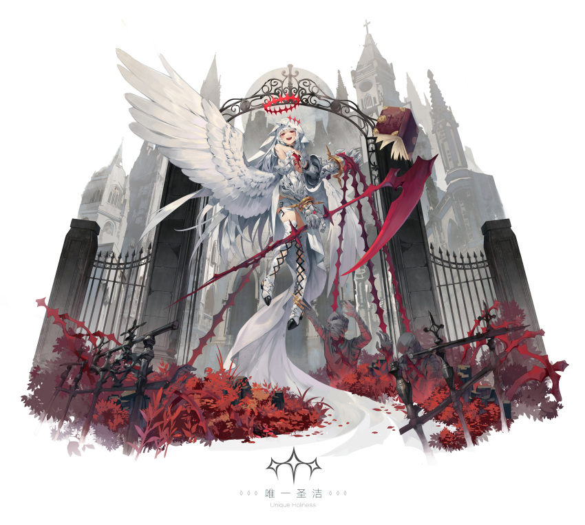 1girl belt building castle chain english_text feathered_wings fence flying gauntlets halo highres holding holding_chain holding_scythe ji_dao_ji low_wings open_mouth original plant reaching red_eyes scythe solo statue thigh-highs thigh_strap waist_cape white_hair white_legwear wings