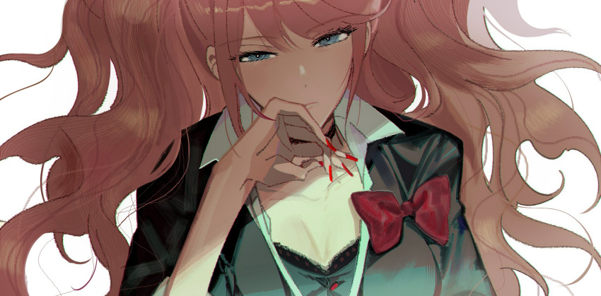 1girl bangs black_bra black_choker black_shirt blue_eyes bow bra breasts choker dangan_ronpa:_trigger_happy_havoc dangan_ronpa_(series) enoshima_junko eyebrows_visible_through_hair frown half-closed_eyes hand_on_own_chin hand_up highres long_hair looking_at_viewer nail_polish pink_hair red_bow red_nails shirt simple_background solo twintails underwear vo1ez white_background