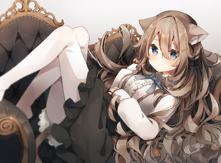 1girl animal_ear_fluff animal_ears bangs black_bow black_skirt blue_bow blue_eyes blue_neckwear blush bow bowtie breasts brown_hair center_frills closed_mouth collared_shirt commentary couch dress_shirt frills hair_between_eyes hair_bow hand_on_own_stomach hand_up heripiro high-waist_skirt highres knees_up long_hair long_sleeves looking_at_viewer lying on_back on_couch original pantyhose puffy_long_sleeves puffy_sleeves shirt simple_background skirt sleeves_past_wrists solo suspender_skirt suspenders symbol_commentary very_long_hair white_background white_legwear white_shirt