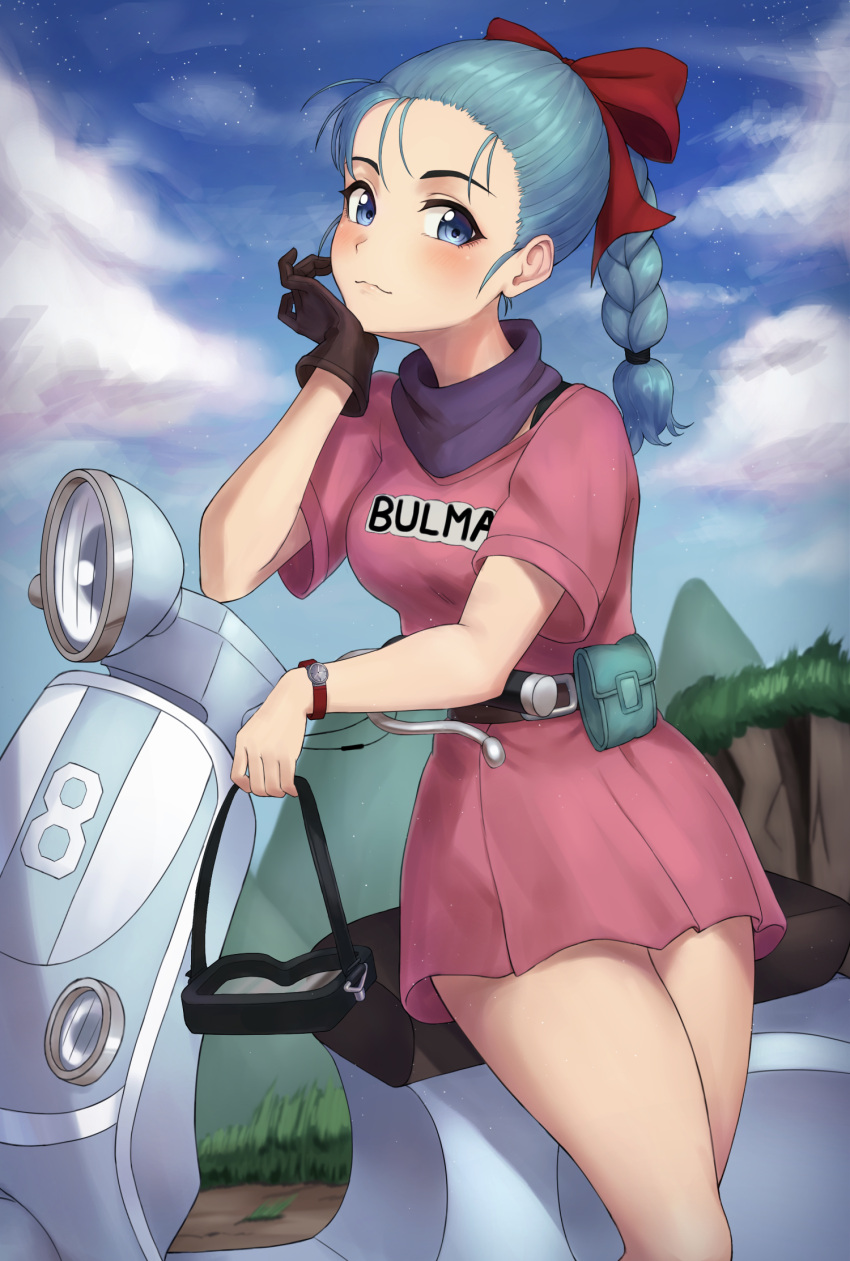 1girl angdo_(kakajo26) bangs belt black_gloves blue_eyes blue_hair blush bow braid breasts brown_belt bulma character_name clouds commentary_request day dragon_ball dragon_ball_(classic) dress gloves goggles ground_vehicle hair_bow hair_ribbon highres long_hair looking_at_viewer outdoors pink_dress pouch red_bow ribbon short_sleeves single_glove sky solo watch watch