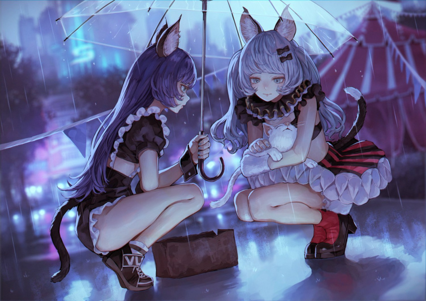 2girls animal animal_ears black_footwear black_shorts blue_eyes bow box cardboard_box cat cat_ears cat_girl cat_tail closed_mouth grey_eyes grey_hair hair_bow hair_ornament hairclip high_heels holding holding_animal holding_cat holding_umbrella kaoming legs_together light_smile maid multiple_girls outdoors parted_lips petting puffy_short_sleeves puffy_sleeves purple_hair rain rara_(valis) red_legwear red_skirt short_shorts short_sleeves shorts skirt smile socks squatting tail tiptoes transparent transparent_umbrella twintails umbrella valis_(youtube) vitte_(valis) white_cat wrist_cuffs