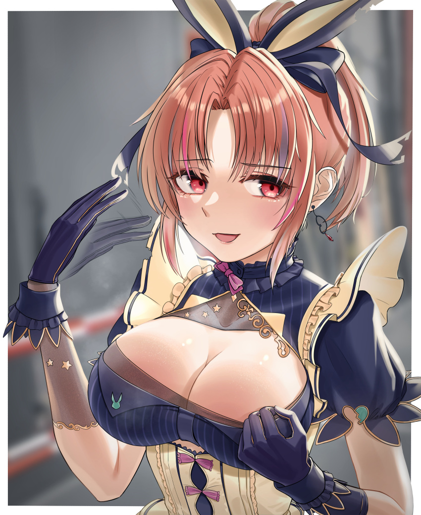 1girl abe_nana absurdres adjusting_clothes afterimage animal_ears black_gloves blue_hair blurry breasts depth_of_field gloves hair_ribbon hear_(kpmf4732) highres idolmaster idolmaster_cinderella_girls idolmaster_cinderella_girls_starlight_stage large_breasts light_smile long_hair looking_away motion_lines orange_hair parted_lips ponytail purple_hair rabbit_ears red_eyes ribbon solo upper_body