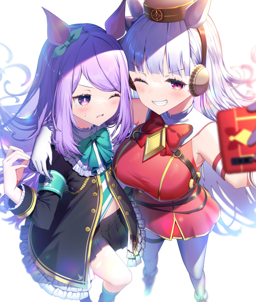 2girls animal_ears bangs bare_shoulders black_skirt blunt_bangs blurry bow bowtie commentary depth_of_field feet_out_of_frame frilled_coat frilled_sleeves frills gloves gold_ship_(umamusume) green_bow green_neckwear grin hand_on_another's_shoulder highres horse_ears horse_girl kiramarukou long_hair long_sleeves mejiro_mcqueen_(umamusume) multiple_girls one_eye_closed pantyhose pillbox_hat pleated_skirt purple_hair red_eyes selfie silver_hair skirt smile sweatdrop symbol_commentary thigh_strap umamusume violet_eyes white_gloves white_legwear