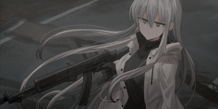 1girl absurdres an-94 assault_rifle bangs black_gloves black_sweater breasts chihuri closed_mouth commentary_request ear_piercing earrings eyebrows_visible_through_hair floating_hair gloves grey_eyes grey_hair gun hair_between_eyes highres holding holding_gun holding_weapon jacket jewelry long_hair long_sleeves looking_away medium_breasts open_clothes open_jacket original piercing ribbed_sweater rifle solo stud_earrings sweater turtleneck turtleneck_sweater very_long_hair weapon white_jacket zoya_petrovna_vecheslova