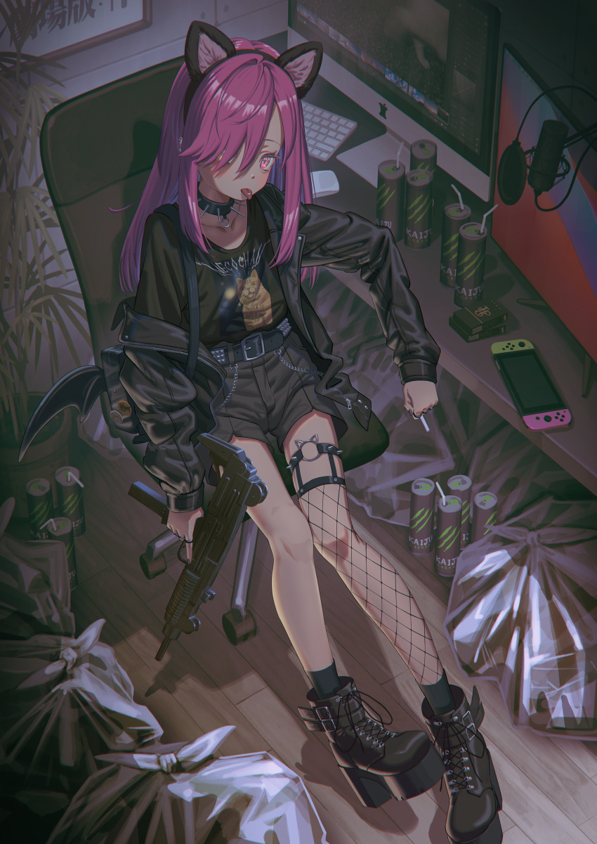 1girl absurdres animal_ears apple_inc. belt boots brand_name_imitation cat_ears chair cigarette cigarette_pack collar computer drinking_straw fake_animal_ears fishnet_legwear fishnets gun hair_over_one_eye highres hironii_(hirofactory) holding holding_gun holding_weapon imi_uzi indoors jacket keyboard_(computer) leather leather_jacket long_hair microphone monitor monster_energy nintendo_switch office_chair original piercing pink_eyes pink_hair platform_footwear punk short_shorts shorts single_thighhigh sitting solo space_cat_(meme) spiked_collar spikes studded_belt submachine_gun thigh-highs tongue tongue_piercing trash_bag weapon