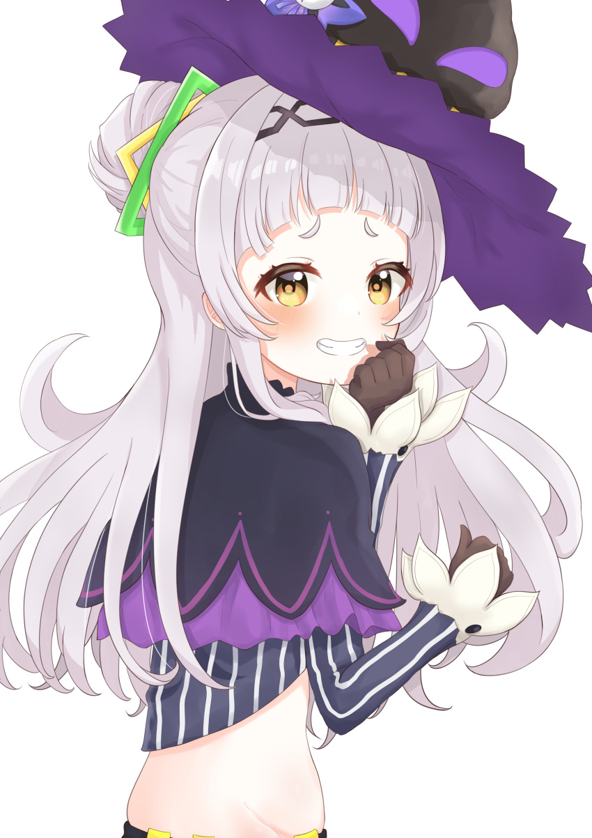 1girl absurdres bangs black_capelet black_headwear blunt_bangs blush capelet choco_donatsu cropped_shirt from_behind from_side grin hair_bun hairband half_updo hat highres hololive layered_capelet long_hair long_sleeves looking_at_viewer looking_back midriff murasaki_shion purple_capelet shirt short_eyebrows sidelocks silver_hair simple_background smile smug solo striped striped_shirt tilted_headwear vertical-striped_shirt vertical_stripes virtual_youtuber white_background witch_hat yellow_eyes