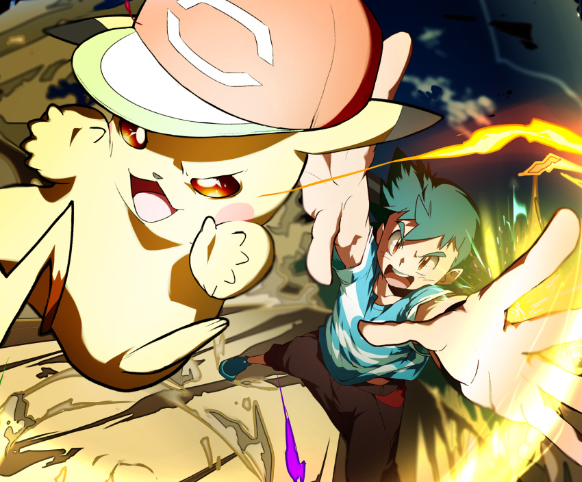 1boy 32890_(artist) :d arms_up ash_ketchum bangs baseball_cap blurry brown_eyes brown_pants commentary_request electricity gen_1_pokemon green_hair hat hatted_pokemon highres legs_apart male_focus open_mouth pants pikachu pokemon pokemon_(anime) pokemon_(creature) pokemon_sm_(anime) shirt shoes short_hair short_sleeves smile spread_fingers striped striped_shirt t-shirt tongue upper_teeth
