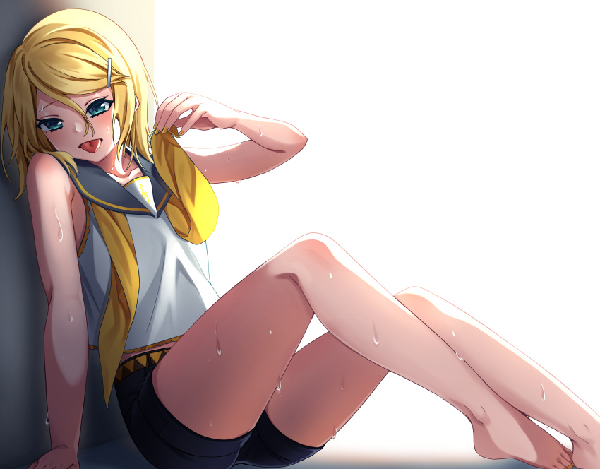 1girl absurdres against_wall bangs barefoot black_shorts blonde_hair blue_eyes collared_shirt grey_sailor_collar hair_between_eyes hair_ornament hairclip highres inu8neko kagamine_rin leaning_back medium_hair nail_polish sailor_collar sailor_shirt shirt short_shorts shorts simple_background sitting sleeveless sleeveless_shirt solo sweat swept_bangs toenail_polish toenails tongue tongue_out vocaloid white_background white_shirt yellow_nails