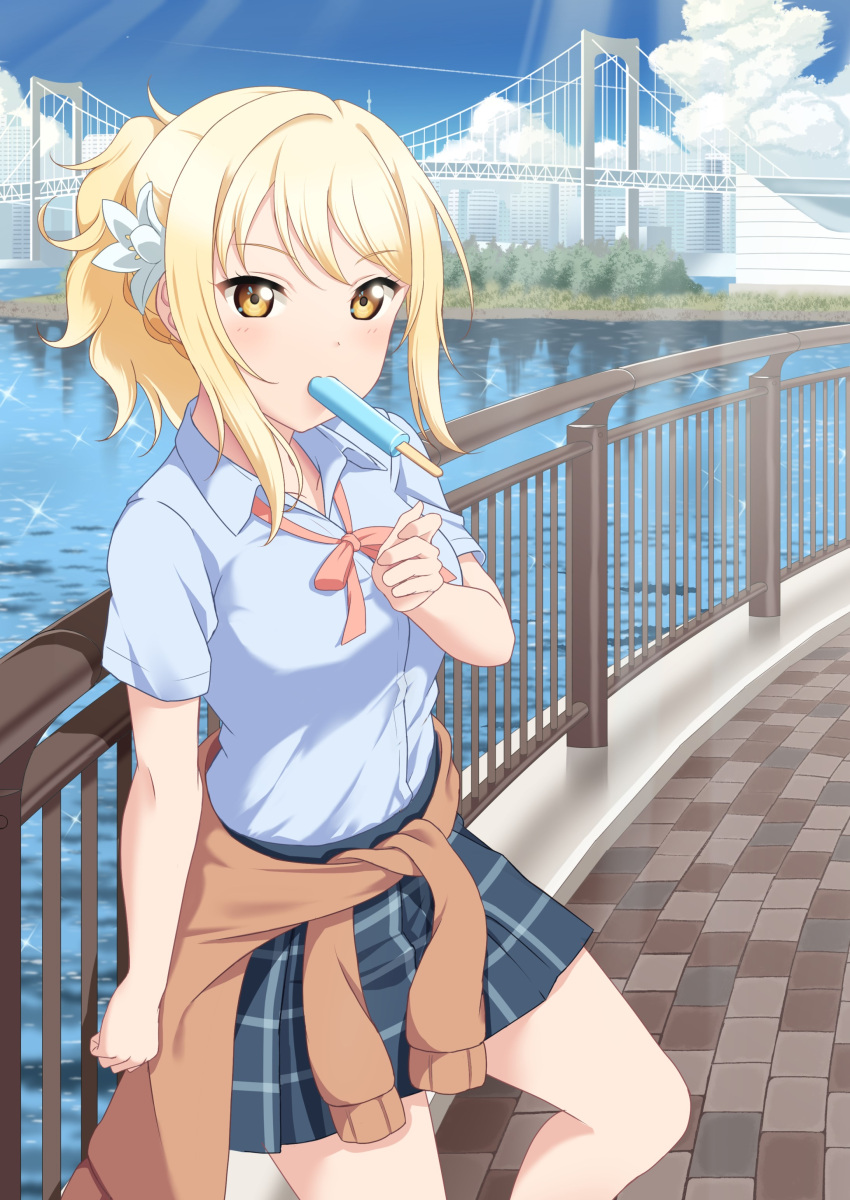 1girl absurdres bangs blonde_hair blue_sky blush breasts bridge clothes_around_waist clouds collared_shirt cowboy_shot eyebrows_visible_through_hair flower food food_in_mouth hair_flower hair_ornament highres jacket jacket_around_waist knee_up looking_at_viewer love_live! love_live!_nijigasaki_high_school_idol_club medium_breasts miyashita_ai mouth_hold neck_ribbon nijigasaki_academy_uniform oku_1225 plaid ponytail popsicle railing ribbon river shirt short_sleeves sky solo white_flower yellow_eyes