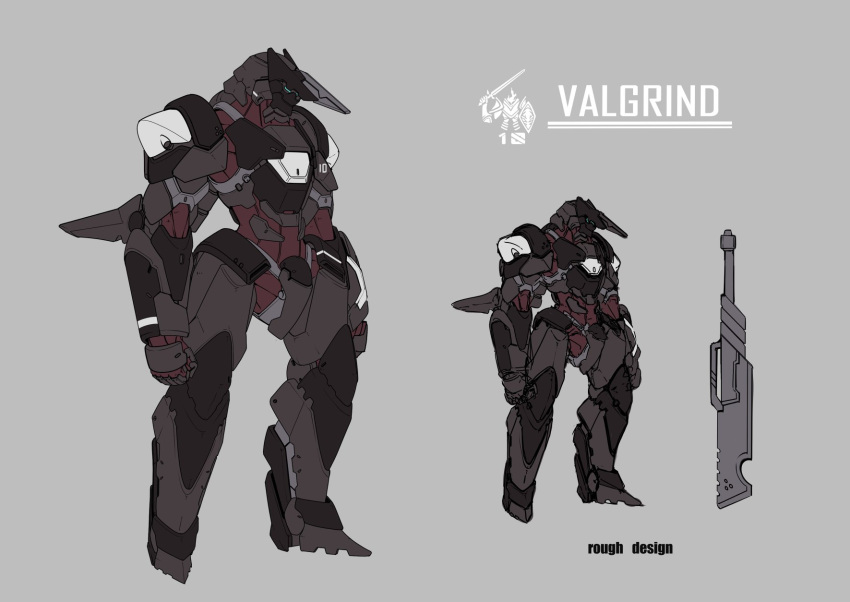 aiyat_@_maotto character_name clenched_hands grey_background highres horns mecha multiple_views no_humans original science_fiction single_horn sketch standing sword weapon