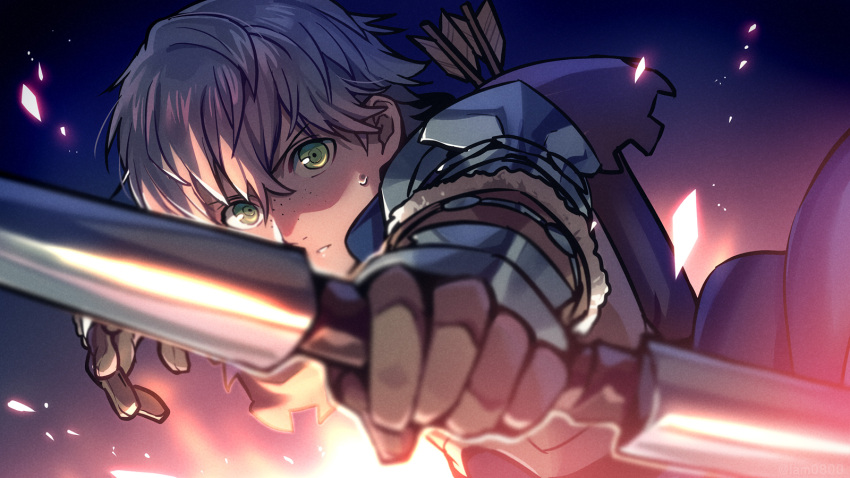 1boy armor arrow_(projectile) asada_hachi ashe_ubert bangs banned_artist blurry bow_(weapon) brown_gloves commentary depth_of_field dutch_angle eyebrows_visible_through_hair fire_emblem fire_emblem:_three_houses freckles gloves glowing gradient gradient_background green_eyes grey_hair hair_between_eyes highres holding holding_bow_(weapon) holding_weapon male_focus parted_lips quiver short_hair solo sweat twitter_username upper_body watermark weapon