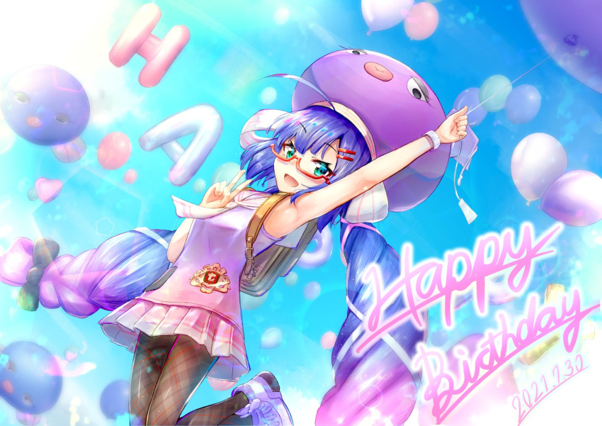 1girl ahoge aqua_eyes arm_up balloon blue_hair braid collar commentary dated day eel_hat gradient_hair hair_ornament hair_tie hairclip happy_birthday highres holding holding_balloon large_hat leg_up lens_flare long_hair looking_at_viewer lukky_clover miniskirt multicolored_hair open_mouth otomachi_una outdoors pantyhose plaid plaid_legwear pleated_skirt purple_hair purple_headwear purple_shirt purple_skirt red-framed_eyewear sailor_collar school_uniform semi-rimless_eyewear shirt shoes skirt sleeveless sleeveless_shirt smile sneakers talkex twin_braids v very_long_hair vocaloid white_collar