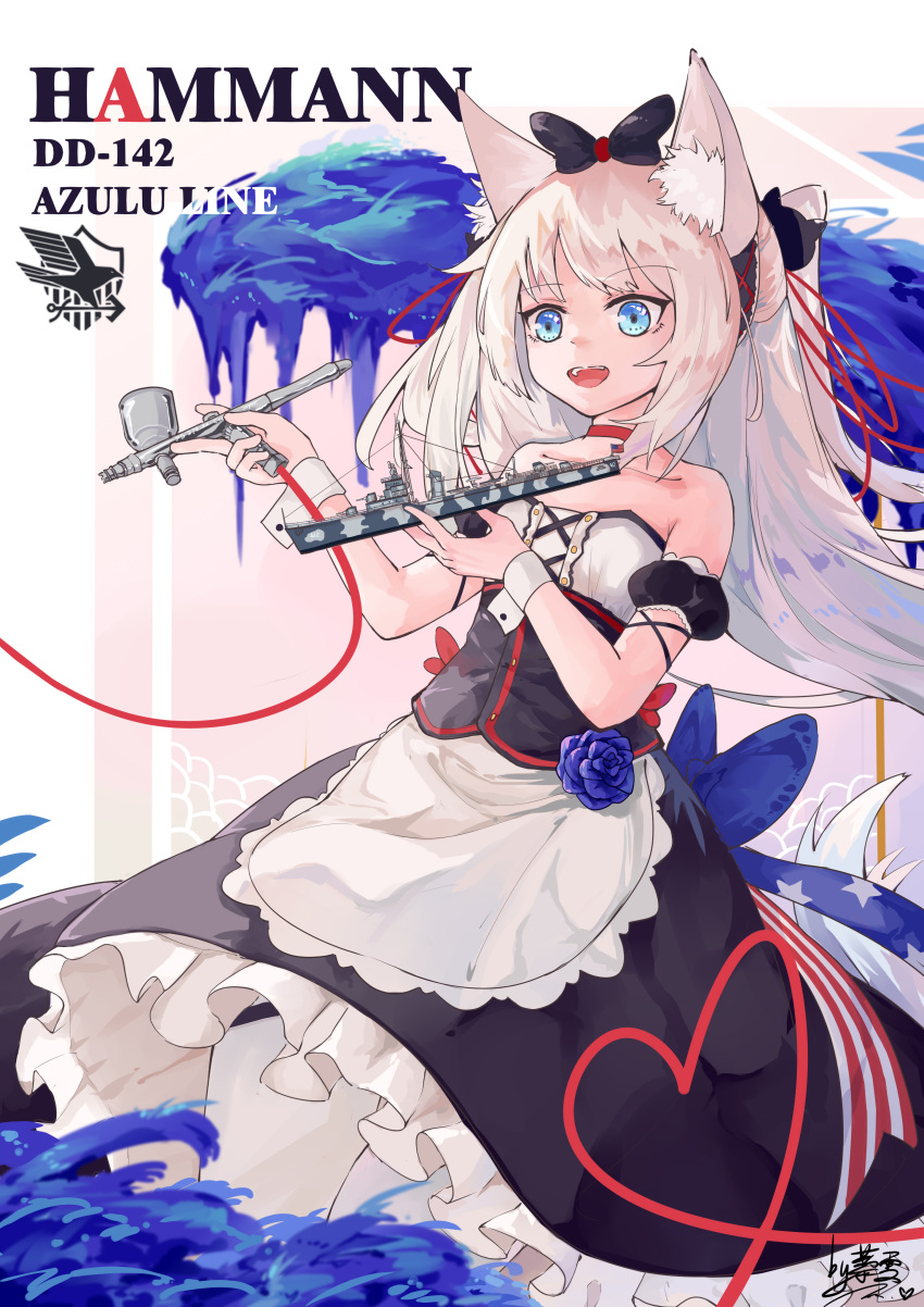 1girl :d absurdres animal_ears apron aqua_eyes azur_lane bangs bare_shoulders bow cat_ears character_name choker collarbone commentary_request detached_sleeves eagle_union_(emblem) eyebrows_visible_through_hair hair_bow hair_ribbon hairband hammann_(azur_lane) hammann_(destroyer) highres holding liwendala long_hair looking_at_viewer maid_apron military military_vehicle model_kit open_mouth retrofit_(azur_lane) ribbon ship sidelocks signature smile solo spray_paint warship watercraft white_hair wrist_cuffs