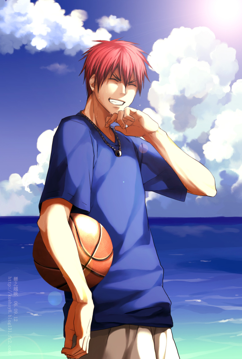 1boy ball basketball blue_shirt blue_sky closed_eyes clouds commentary_request day eyebrows facing_viewer grin hand_on_own_chin highres holding holding_ball kagami_taiga kuroko_no_basuke male_focus ocean outdoors pants redhead ring_necklace shirt short_hair short_sleeves sky smile solo sunlight sweat teeth water white_pants xuan_zhi_yue_ying