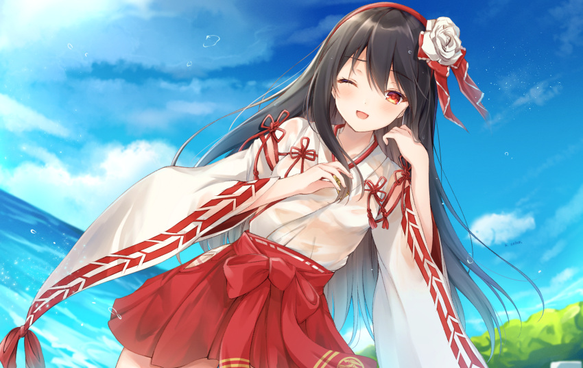 1girl ;d bangs black_hair blue_sky blurry blurry_background bow clouds cloudy_sky commentary_request day depth_of_field eyebrows_visible_through_hair flower hair_between_eyes hairband hakama hakama_skirt hand_up highres horizon japanese_clothes kimono kiri_celea long_hair long_sleeves looking_at_viewer nontraditional_miko ocean one_eye_closed open_mouth original outdoors red_bow red_eyes red_hairband red_hakama rose see-through sky smile solo very_long_hair water wet_kimono white_flower white_kimono white_rose wide_sleeves