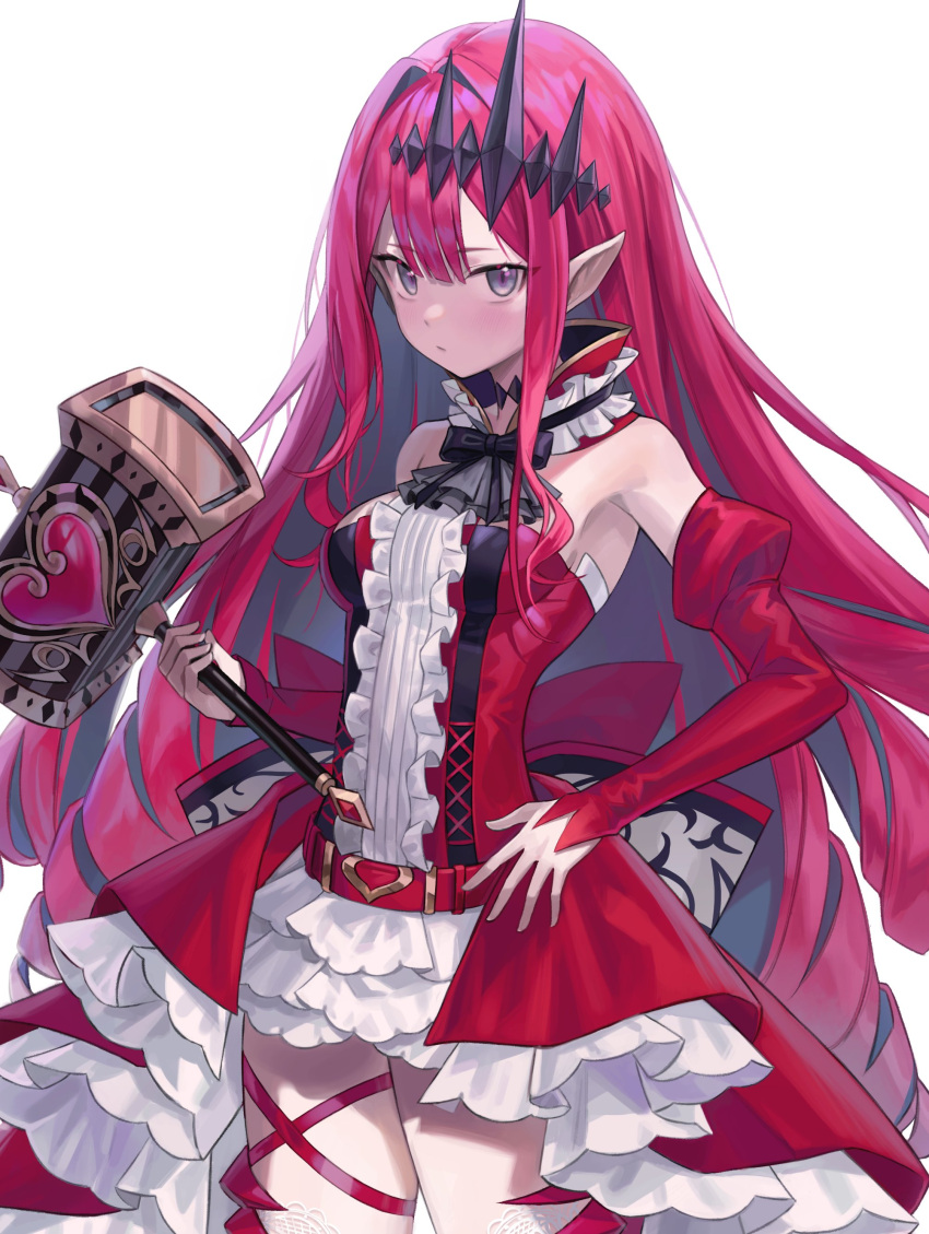 1girl absurdres armpits bare_shoulders belt bow bowtie breasts center_frills choker closed_mouth cowboy_shot detached_sleeves dress expressionless fairy_knight_tristan_(fate) fate/grand_order fate_(series) frilled_dress frills fuwawa_(fuwawa617) hair_intakes hair_ornament hammer hand_on_hip highres holding juliet_sleeves long_sleeves miniskirt pointy_ears puffy_sleeves red_dress sidelocks simple_background skirt small_breasts solo standing thigh-highs white_background white_legwear white_skirt zettai_ryouiki