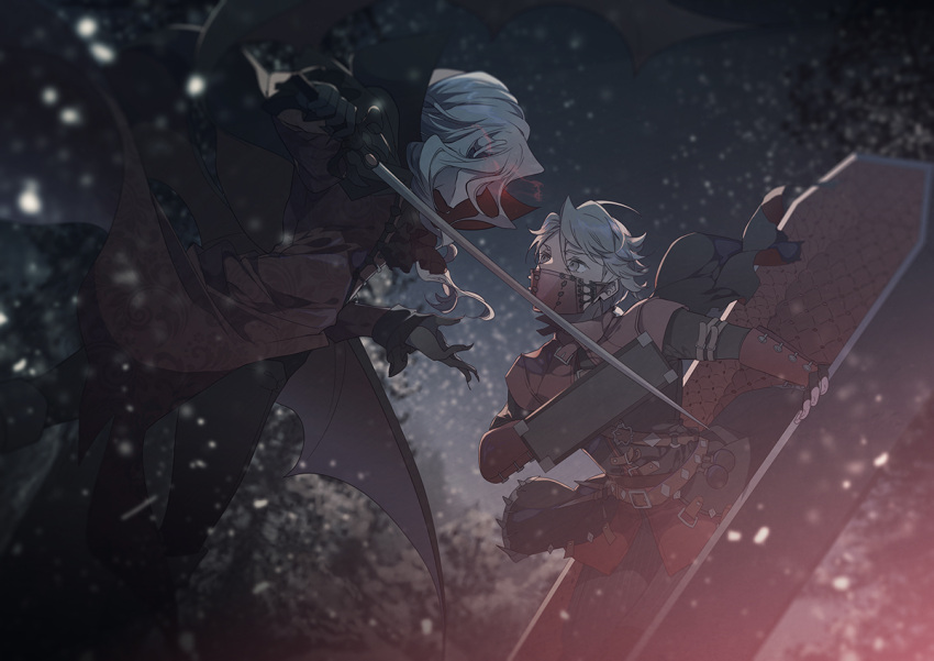 2boys aesop_carl belt black_gloves blurry blurry_background coffin eye_contact gloves grey_eyes holding holding_sword holding_weapon identity_v joseph_desaulniers looking_at_another male_focus mask mono_(freerotary) multiple_boys night outdoors sword weapon white_hair