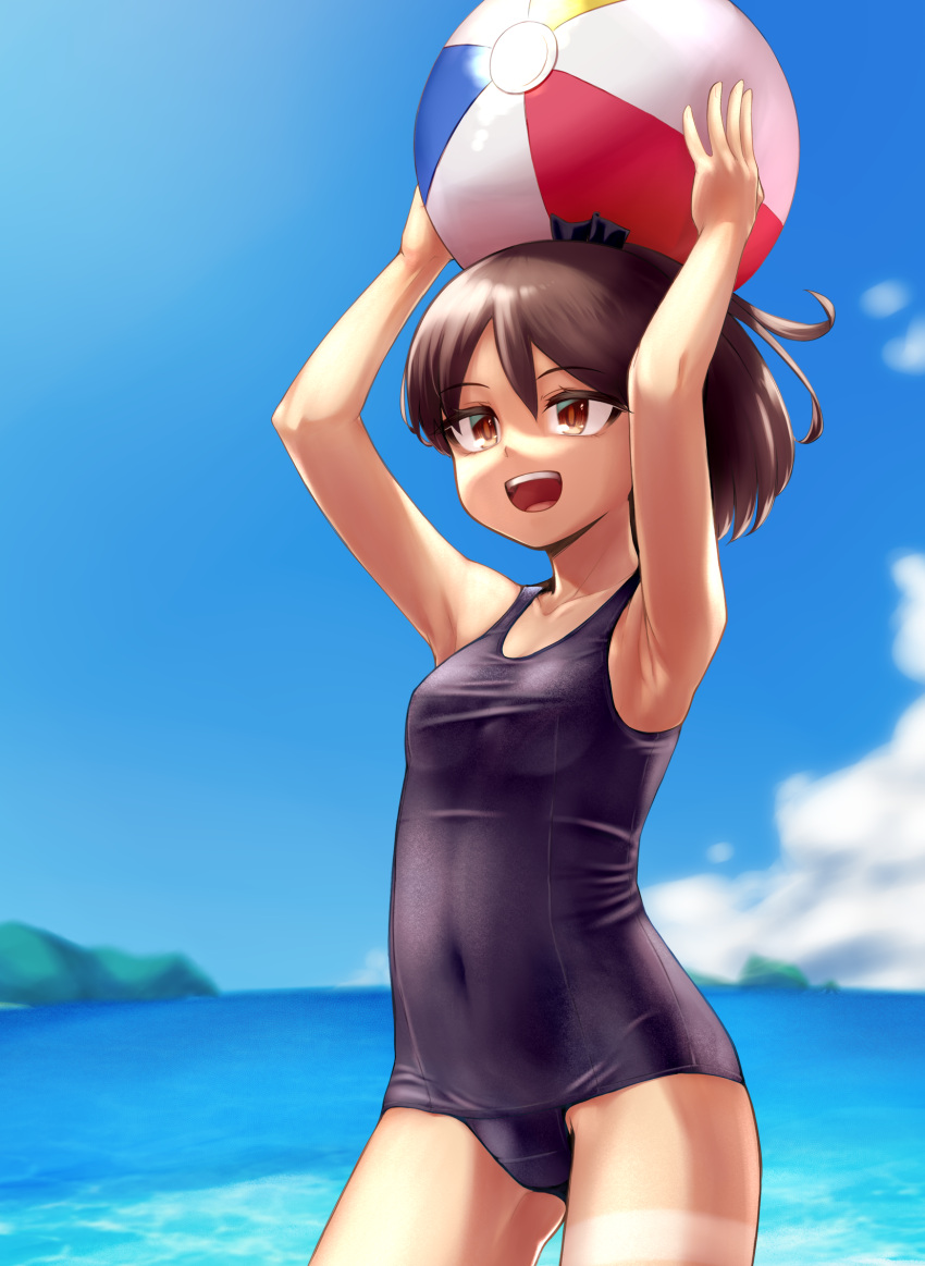 1girl alternate_costume armpits arms_up ball beachball black_swimsuit blue_sky breasts brown_eyes brown_hair clouds covered_navel cowboy_shot day highres holding holding_ball holding_beachball kantai_collection ohazuke one-piece_swimsuit outdoors ponytail school_swimsuit shikinami_(kancolle) sky small_breasts solo standing swimsuit