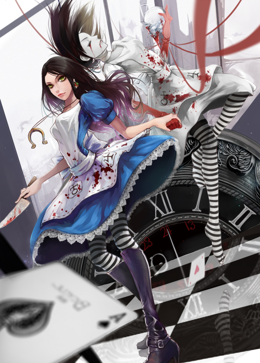 1girl absurdres alice:_madness_returns alice_(alice_in_wonderland) american_mcgee's_alice apron black_hair blood boots breasts card closed_mouth dress highres jewelry jupiter_symbol knife kokage_no_shita long_hair looking_at_viewer monochrome necklace pantyhose solo striped striped_legwear weapon