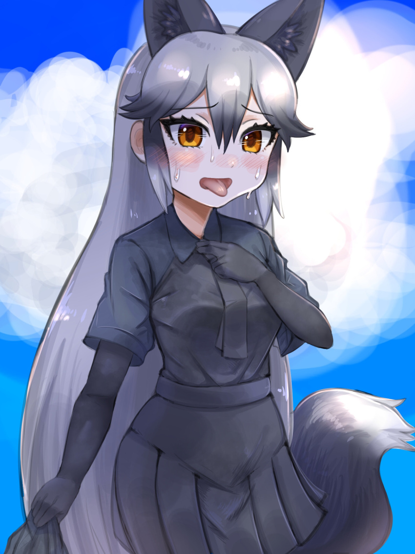 1girl adjusting_clothes adjusting_necktie animal_ears aramaru black_gloves black_neckwear black_skirt blue_shirt blush clouds collared_shirt commentary_request cowboy_shot elbow_gloves extra_ears fox_ears fox_girl fox_tail gloves highres kemono_friends necktie nose_blush open_mouth orange_eyes pleated_skirt shirt short_sleeves silver_fox_(kemono_friends) skirt sky solo summer sweat sweatdrop t-shirt tail tongue tongue_out