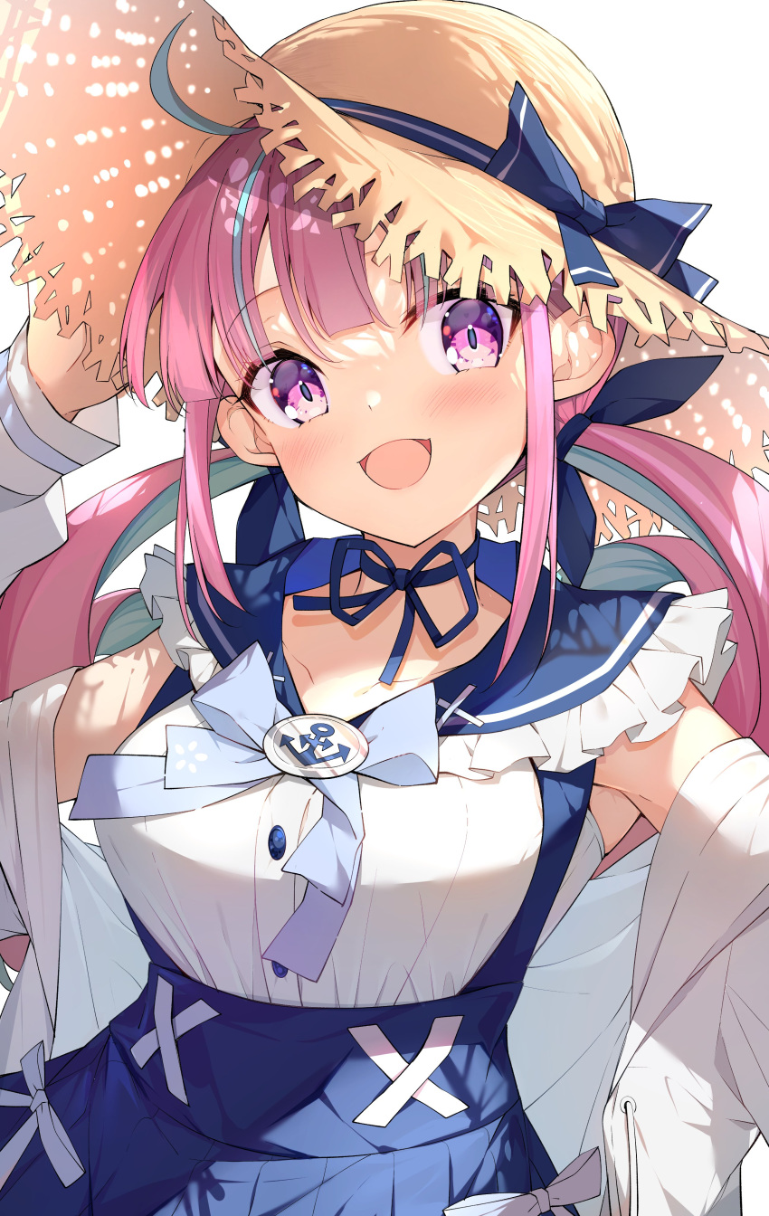 1girl :d absurdres ahoge arm_up bangs blue_bow blue_choker blue_hair blue_ribbon blue_sailor_collar blue_skirt blush bow breasts brown_headwear choker colored_inner_hair darjeeling_(reley) drill_hair eyebrows_visible_through_hair frilled_sailor_collar frills hand_on_headwear hat hat_bow highres hololive jacket large_breasts looking_at_viewer minato_aqua multicolored_hair off_shoulder open_clothes open_jacket open_mouth pink_hair ribbon ribbon_choker sailor_collar shirt sidelocks simple_background skirt smile solo straw_hat sun_hat suspender_skirt suspenders twin_drills twintails violet_eyes virtual_youtuber white_background white_jacket white_shirt