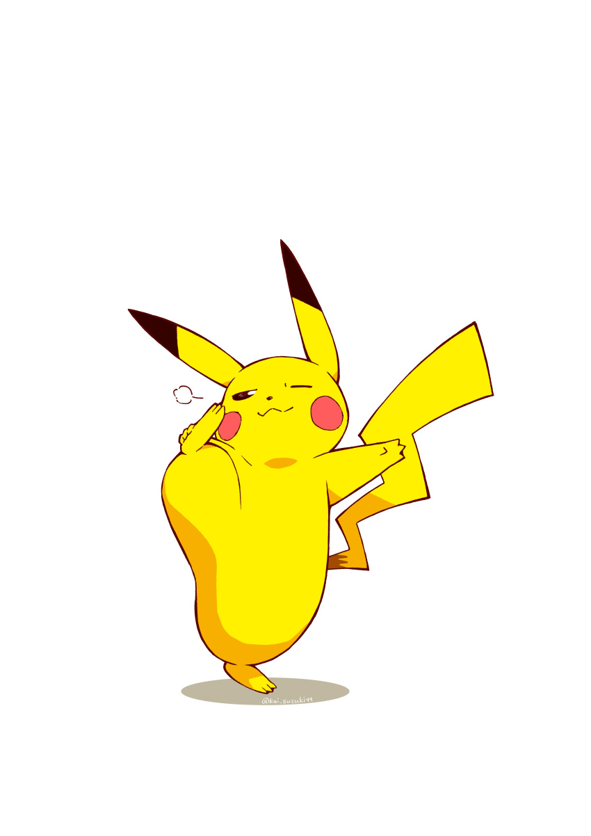 :3 =3 absurdres brown_eyes closed_mouth commentary_request gen_1_pokemon highres kai_suzuki99 leg_up no_humans one_eye_closed pikachu pokemon pokemon_(creature) simple_background smile solo split standing standing_on_one_leg standing_split toes white_background