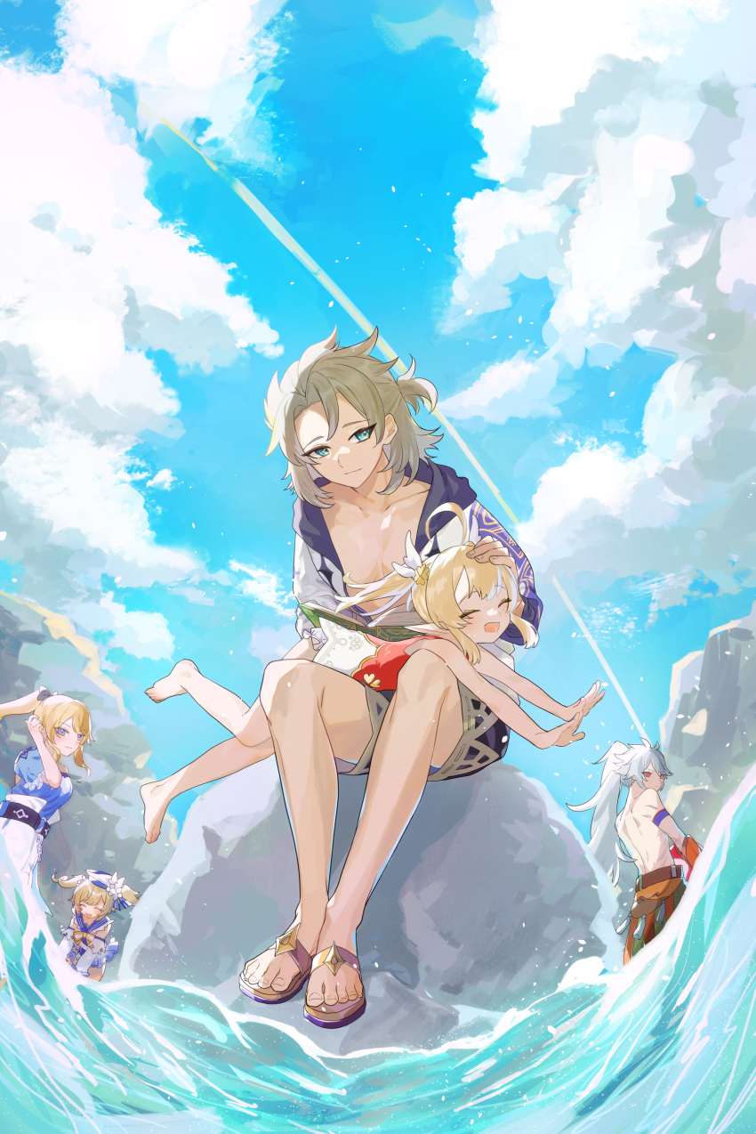 2boys 3girls ^_^ ^o^ absurdres albedo_(genshin_impact) alternate_costume aqua_eyes barbara_(genshin_impact) barbara_(summertime_sparkle)_(genshin_impact) blonde_hair blue_eyes blue_sky bow brown_hair closed_eyes clouds cloudy_sky clover_print collarbone denshoku_97 detached_sleeves drill_hair genshin_impact hair_bow hair_ribbon hat highres jean_(genshin_impact) jean_(sea_breeze_dandelion)_(genshin_impact) klee_(genshin_impact) light_brown_hair low_twintails lying lying_on_lap lying_on_person multiple_boys multiple_girls ocean on_stomach pointy_ears ponytail razor_(genshin_impact) red_eyes red_swimsuit ribbon sandals silver_hair sitting_on_rock sky swimsuit toes topless twin_drills twintails wind