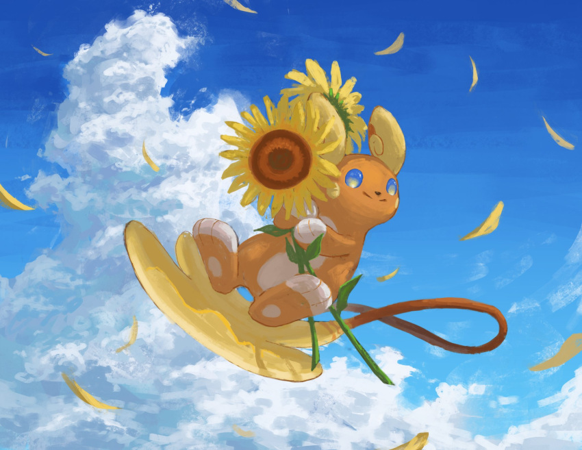 alolan_form alolan_raichu blue_eyes closed_mouth clouds commentary_request day flower flying full_body gen_7_pokemon highres holding holding_flower nashimochi_4 no_humans outdoors petals pokemon pokemon_(creature) sky smile solo split_mouth sunflower