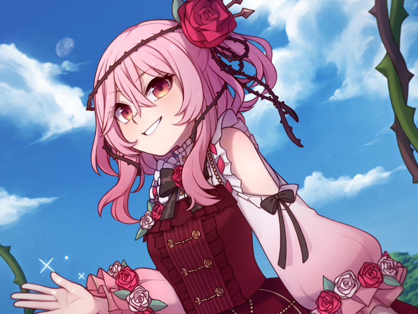 1girl bangs blue_sky bow bowtie clothing_cutout clouds commentary day dress english_commentary flower frills hair_between_eyes hair_flower hair_ornament long_hair long_sleeves looking_at_viewer nijisanji nijisanji_en outdoors pink_hair plant puffy_long_sleeves puffy_sleeves red_dress red_eyes rose rosemi_lovelock shoulder_cutout sidelocks sky smile solo speckticuls thorns two_side_up upper_body vines