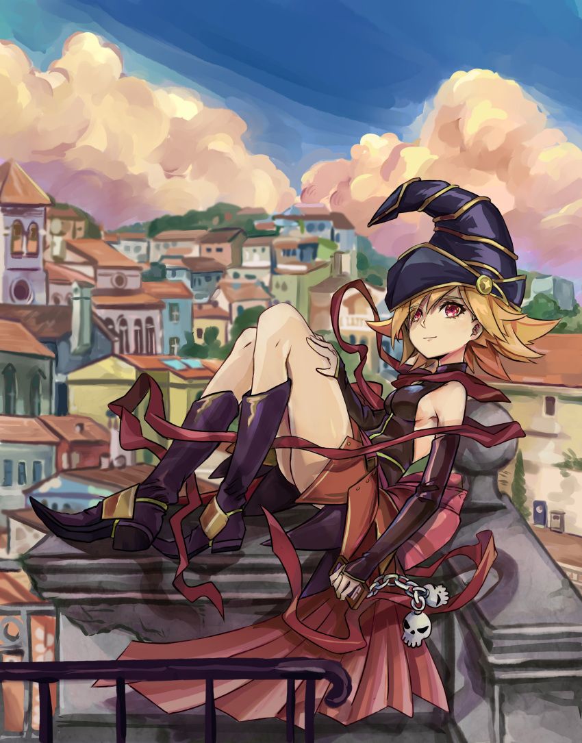 1girl absurdres black_footwear blonde_hair blue_sky boots breasts building clouds cloudy_sky day duel_monster gagaga_girl hat highres knees_up looking_at_viewer medium_breasts nero_augustus26 outdoors red_eyes sky smile solo wizard_hat yu-gi-oh! yu-gi-oh!_zexal
