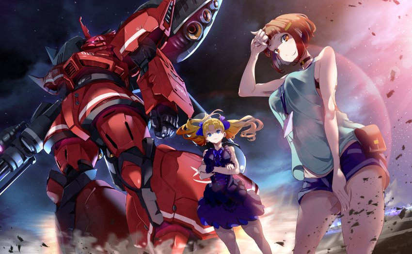 2girls bangs black_bra black_dress blue_eyes blue_shorts blue_tank_top bra breasts brown_eyes brown_hair clenched_hand crossed_arms dress floating_hair gelgoog_vertex gothic_lolita gundam gundam_msv highres ingrid_0 lolita_fashion mecha medium_breasts mobile_suit msv-r:_the_return_of_johnny_ridden multiple_girls one-eyed red_eyes rimia_greenwood sakusakusakurai science_fiction short_hair short_shorts shorts tank_top twintails underwear