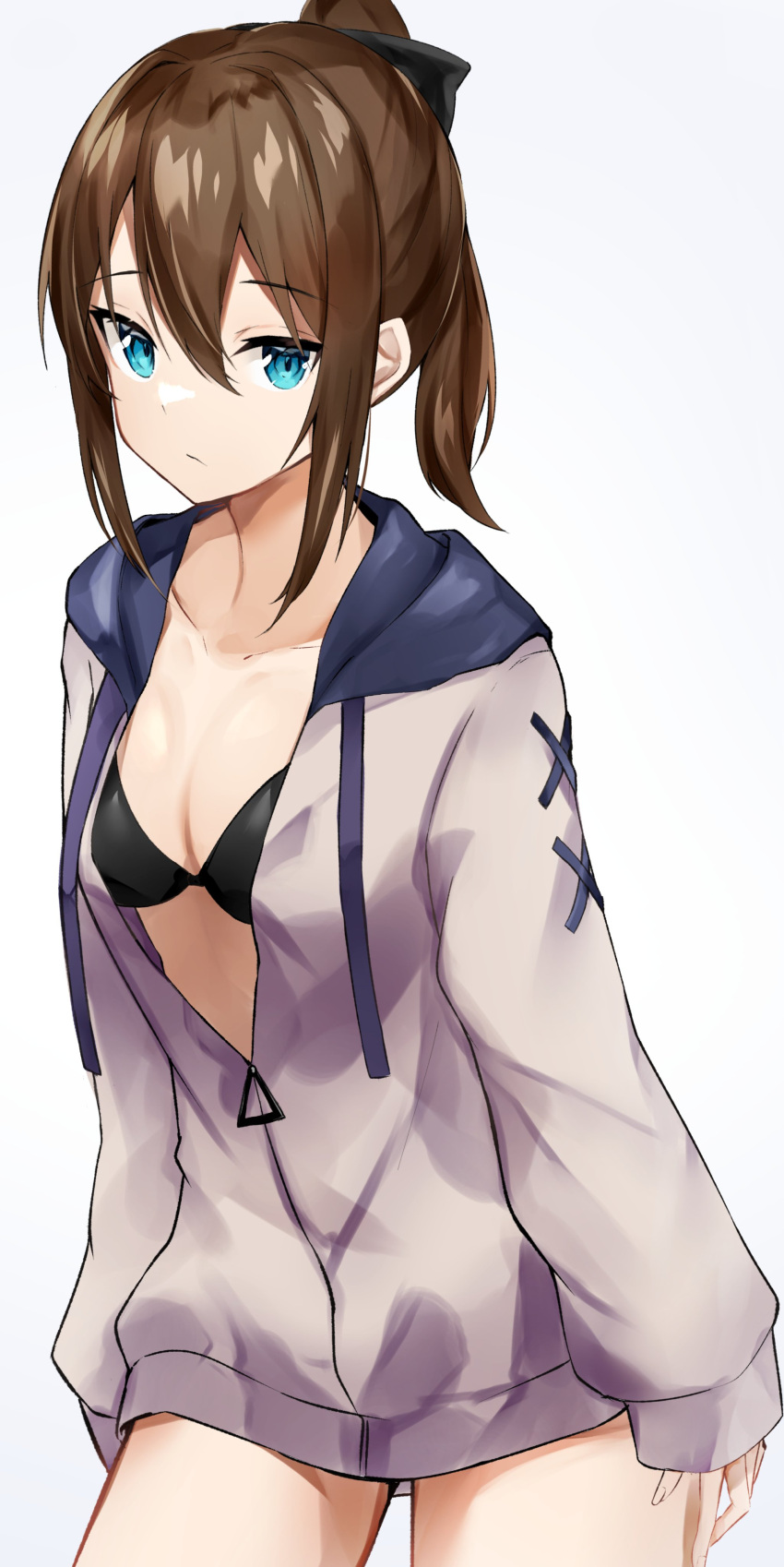 1girl absurdres bikini black_bikini blue_eyes bow breasts brown_hair closed_mouth collarbone cowboy_shot drawstring expressionless hair_bow highres hood hood_down hooded_jacket jacket long_hair long_sleeves looking_at_viewer nanashinayuzu_mochi original partially_unzipped ponytail sidelocks simple_background small_breasts solo swimsuit white_background white_jacket