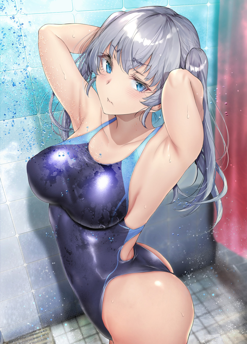 1girl armpits arms_behind_head ass bathroom blue_eyes blue_swimsuit blush breasts breasts_apart character_request collarbone commentary_request competition_swimsuit copyright_request eyebrows_visible_through_hair from_side gentsuki highres large_breasts looking_at_viewer looking_to_the_side one-piece_swimsuit original shiny shiny_hair shiny_swimsuit shower_(place) shower_curtain showering silver_hair solo swimsuit tile_wall tiles twintails water_drop wet wet_hair