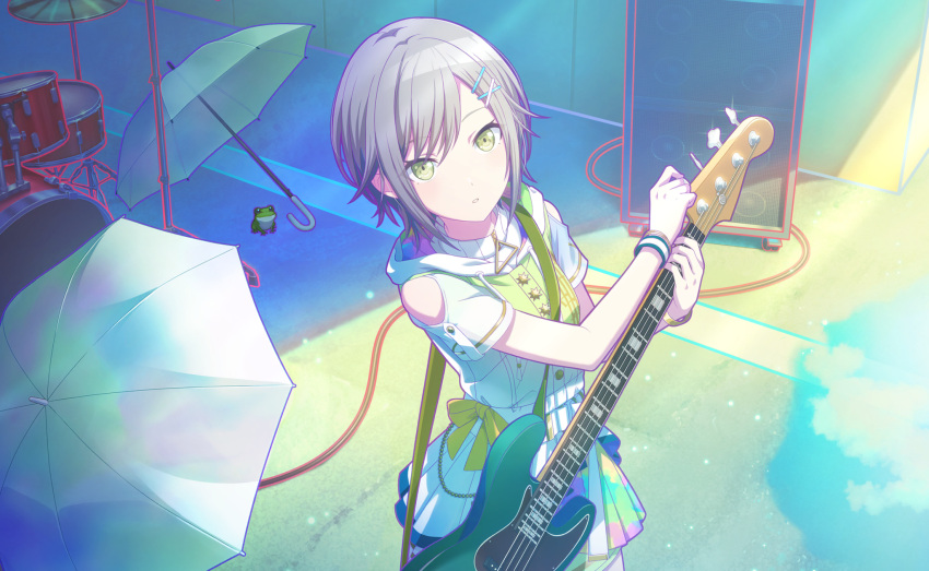 blush green_eyes grey_hair guitar hinomori_shiho project_sekai shirt short_hair umbrella