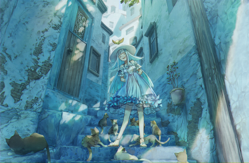 1girl alley bare_legs barefoot_sandals bird cat city door dress hat head_tilt highres huge_filesize leaning_to_the_side lize_helesta long_hair mochi_(m0chi0000) nijisanji open_mouth plant potted_plant sandals shade smile solo stairs standing stone_stairs straw_hat sun_hat sundress too_many too_many_cats upper_teeth virtual_youtuber white_dress white_hair window