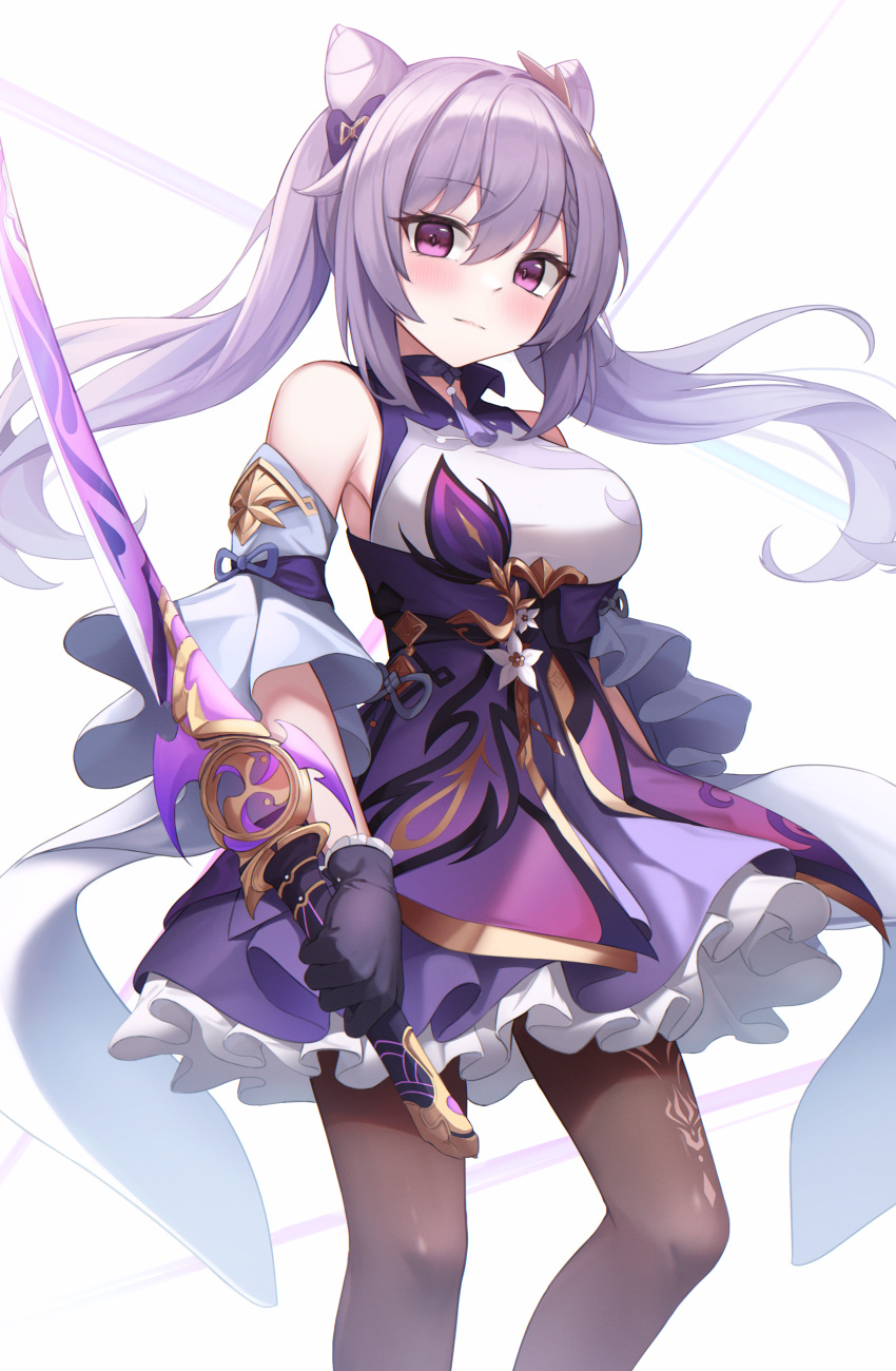 1girl absurdres bare_shoulders black_gloves breasts brown_legwear choker detached_sleeves dress feathers floating_hair frilled_dress frills g_home genshin_impact gloves hair_cones hair_ornament highres holding holding_sword holding_weapon huge_filesize keqing_(genshin_impact) long_hair looking_at_viewer medium_breasts pantyhose purple_dress purple_hair reverse_grip solo standing sword twintails violet_eyes weapon